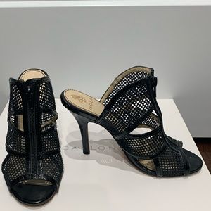 Isola black patent slip-on, open-toed shoes, size 6 1/2.